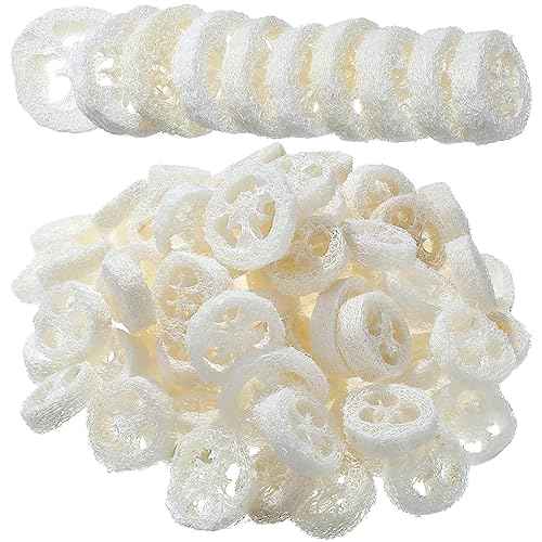 Bokon 120 Pcs Natural Loofah Slices for Soap Making Bulk Reusable Natural Loofah Sponge Organic Exfoliating Bath Shower Luffa Small Scrubber, Bright White