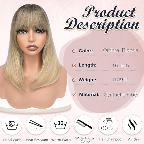 Blonde Bob Wig with Bangs 16" Shoulder Length Synthetic Hair