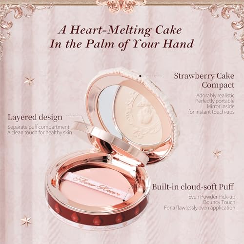 Strawberry Cupid Pressed Powder,All Day Makeup & Setting Backed Powder,Smooth Brighten Oil-Control Compact with Mirror and Puff,Pore Blurring Backed Powder,0.34 oz(02 Ivory Beige)