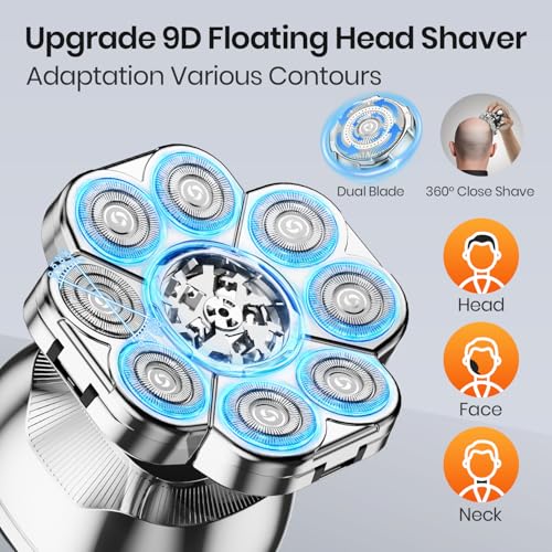 9D Head Shavers for Bald Men, 5-in-1 Upgraded Electric Razor, Cordless Rechargeable Electric Shavers for Men, IPX7 Waterproof Wet Dry Grooming Kit for Balder with LED Display, Gift for Husband Dad