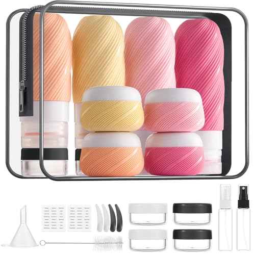 LitBear 23 Pack TSA Approved Travel Bottles for Toiletries, Leak Proof Refillable Travel Size Containers Kit with Silicone Squeezable Bottles Jars for Shampoo Lotion Conditioner, in Clear Bag, Pink