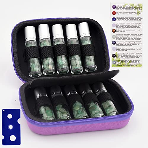 fengshuisale Essential Oil Roller Bottle 10ml w EVA Carrying Travel Case£¨Clear Glass Bottle with silver Cap¡¢10pack¡¢Gemstone Roller Balls¡¢Crystal Chips Inside¡¢Opener Gemstone Roller Ball Bottles