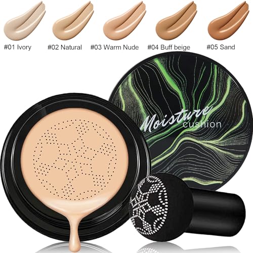 Mushroom Head Air Cushion CC Cream Nature Foundation,Moisturizing BB Cream Makeup Long Lasting Matte Concealer,Bright Makeup Base Long Lasting with Mushroom Makeup Sponge(#03 Warm Nude)