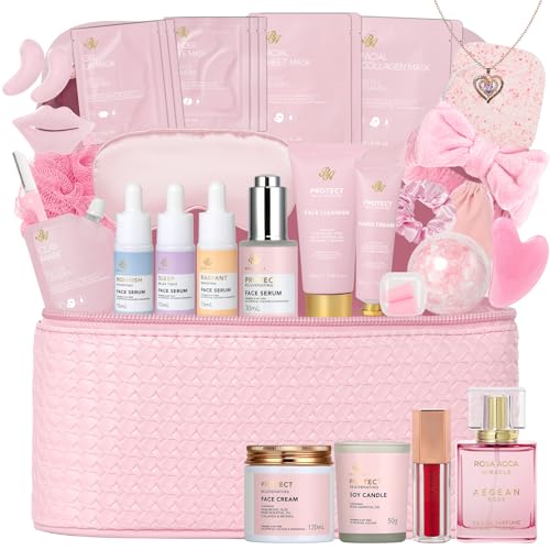 Rose Facial Skin Care Set, 33 Pcs Bath & Body Spa Basket for Women, Beauty Care Kit, Sheet Mask, Makeup Bag, Face Serum, Bath Bomb, Perfume, Christmas, Mother Day, Valentine's, Birthday, Baby Shower