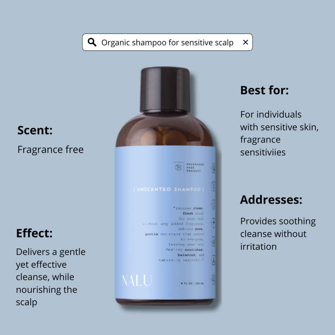 NALU Unscented Shampoo Infused with Organic Rosemary & Lavender Hydrosol. For Sensitive Scalp | Rejuvenating, Nourishing, Cleansing and Calming. All Hair Types, 8 Fl Oz.