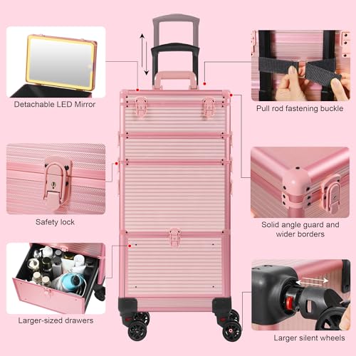 Somduy LED Makeup Train Case with Mirror & Drawers, Pink