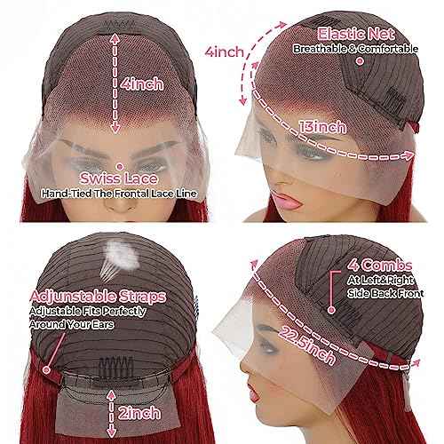 99j Burgundy Straight Lace Front Wigs Human Hair 99J 13X4 HD Transparent Lace Frontal Wigs 180% Density Glueless Pre Plucked with Baby Hair Wigs for Women