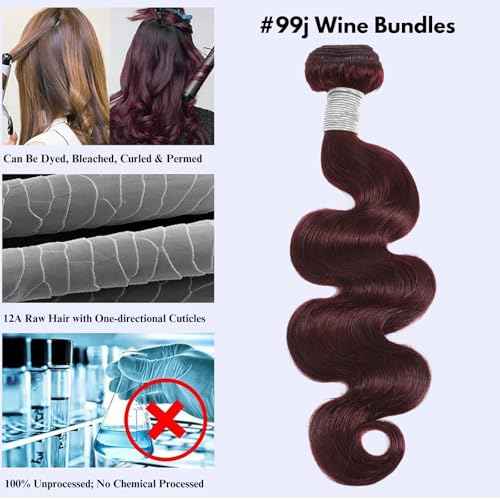 99j Dark Burgundy Body Wave Bundles Human Hair 22 Inch, 12A Soft And Shiny Red Wine Colored Bundles 100% Brazilian Virgin Remy Hair Sew In Weave Single Human Hair Bundle Chic #99j Color