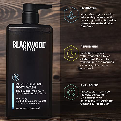 Blackwood For Men Pure Moisture Body Wash - Infused with Ginseng & Menthol - Natural Vegan Formula for Sensitive Skin and Workout Recovery - Sulfate Free, Paraben Free, & Cruelty Free (17 Oz)