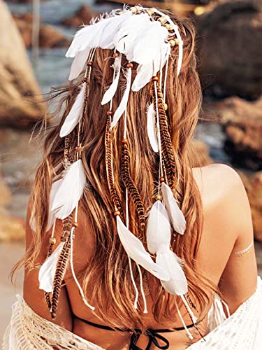 CAKURE Boho Feather Headband White Indian Hippie Headbands Gypsy Headwear Bohemian Costume Hair Accessories for Women and Gilrs