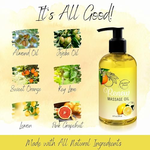 Renew Massage Oil with Orange, Lemon & Peppermint Essential Oils - Great for Massage Therapy or Home use. Ideal for Full Body ? with Almond, Grapeseed & Jojoba ? by Brookethorne Naturals