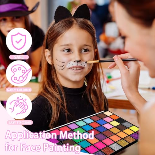 Face Painting Kit for Kids,54 Colors Face Paint Makeup Kit,Non-Toxic Water Activated Facepaint Pallette with Brushes,Stencils,Sponge,Gems,For Halloween,Christmas Carnival, Party,cosplay ctc.