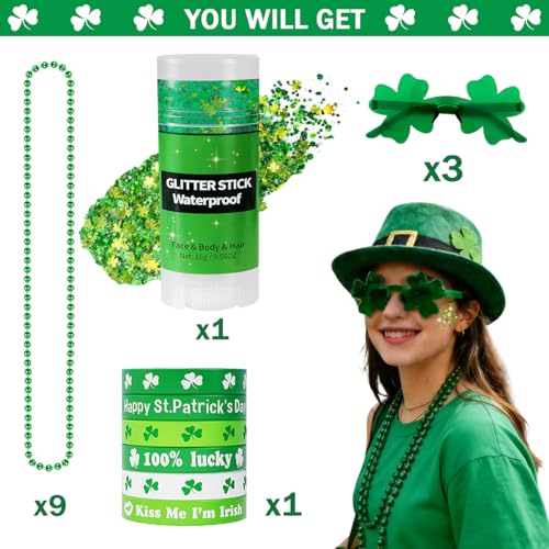 19PCS St Patricks Day Accessories Party Favor Set | Shamrock Green Face & Body Glitter Makeup, Green Glasses, Necklaces & Bracelets | Irish Throw Party Makeup Accessories & Dress-Up Costume Decor