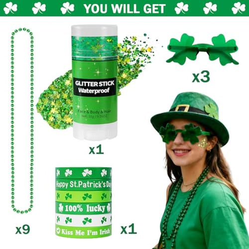 19PCS St Patricks Day Accessories Party Favor Set | Shamrock Green Face & Body Glitter Makeup, Green Glasses, Necklaces & Bracelets | Irish Throw Party Makeup Accessories & Dress-Up Costume Decor