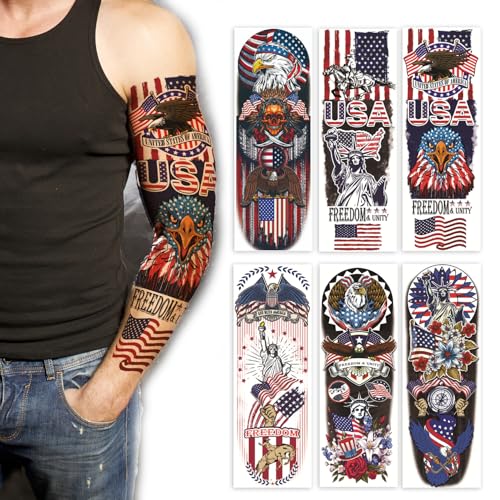 6-Pack Large Patriotic Full Arm Temporary Tattoos