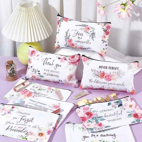 16PCS Canvas Cosmetic Bags Bulk Inspirational Quotes Makeup Bags for Women Encouragement Travel Pouch with Zipper Flower Cosmetic Pouch for Christmas Friendgiving Friend Gifts