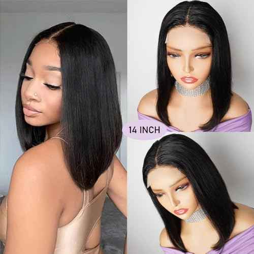 Holiden 200% Density 14 Inch Short Bob Wig Human Hair 13x4 HD Lace Front Wigs (13x4 Black Bob Wig, 14 Inch)