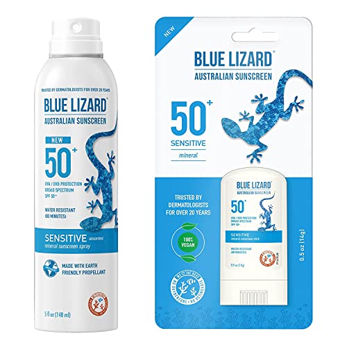 Bundle of BLUE LIZARD Sensitive Mineral Sunscreen with Zinc Oxide Sensitive, SPF 50 5 Fl Oz + 3-Pack Blue Lizard Mineral SPF 15 Lip Balm:Natural Coconut Flavor, Each Tube 0.13 oz.