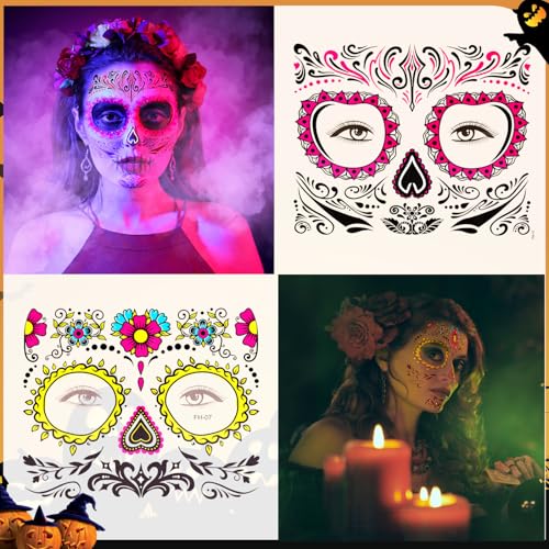 12 Sheet Day of the Dead Face Tattoos, Halloween Temporary Tattoos Face Sticker Skeleton Sugar Skull Fake Tattoos for Halloween, Masquerade and Parties