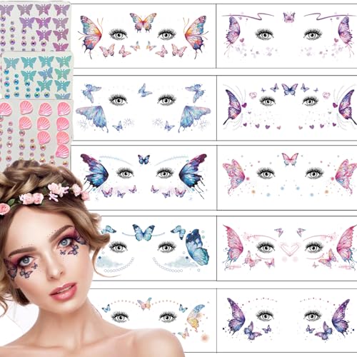 13 Sheets Glitter Eye Temporary Tattoos - Butterfly Flash Face Stickers with Conch Crystal Face Gems for Women & Girls - Birthday, Halloween, Christmas Party