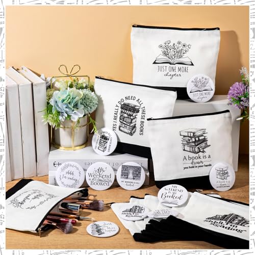 Paterr 20 Pcs Book Lover Gifts for Women Inspirational Canvas Makeup Bag with Zipper and Mini Compact Mirrors Thank You Gift for Book Club Reading Student Teacher Librarian Writer
