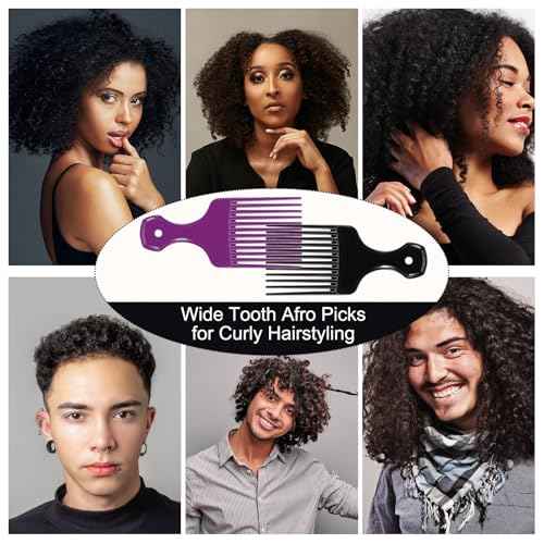 SIMPOR 2 Pcs Hair Pick Comb Wide Tooth Lift for Hair Styling Detangling Plastic Afro Pick for Women Men (Purple, Black)