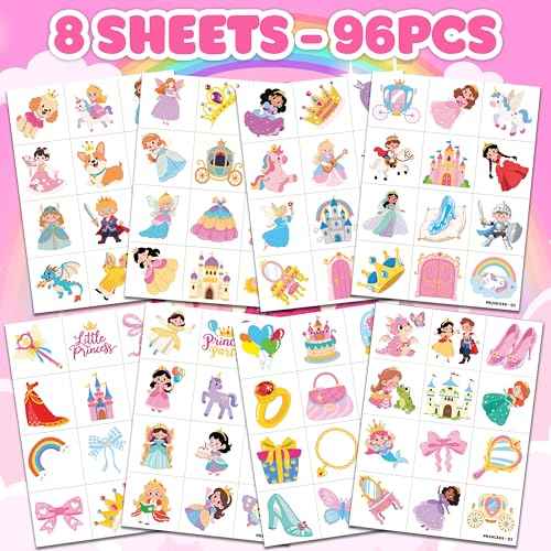 96 PCS Little Princess Pre-Cut Temporary Tattoos for Kids | Super Cute Princess Themed Birthday Party Favors, Supplies, Decorations, Castle Tattoo Stickers, School Rewards Prizes & Gifts Boys Girls