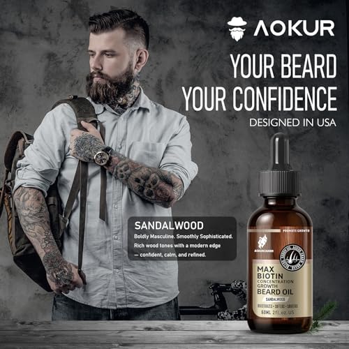 Biotin Beard Growth Oil for Men - Vitamin B5 & Castor Oil Formula, Nourish & Thicken Facial Hair, Daily Beard Care, Styling & Taming, Hydrating, Non-Greasy, Sandalwood 2oz Gift for Him