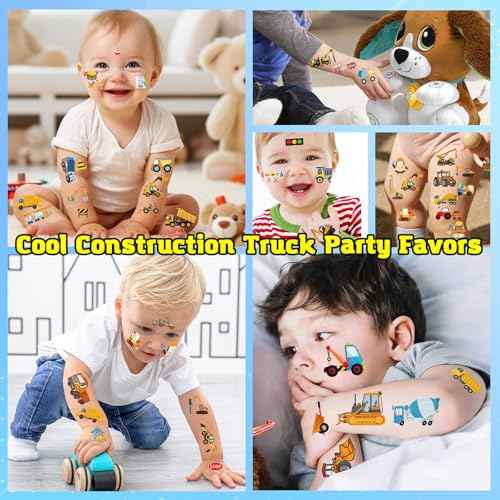 10 Sheets Construction Trucks Temporary Tattoo for Kids, 120 Pcs Vehicles Fake Tattoos for Boys Party Favors, Cars Birthday Supplies Decorations