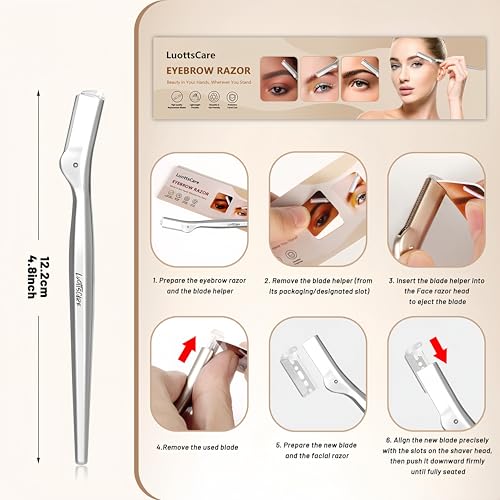 Stainless Steel Eyebrow Razor - Face Razors with Travel Cover & 10 Refill Blades, Eyebrow Brush - Help Exfoliate and Smooth Skin for Eyebrow, Leg, BIKINI, Facial, Beard Remove - S