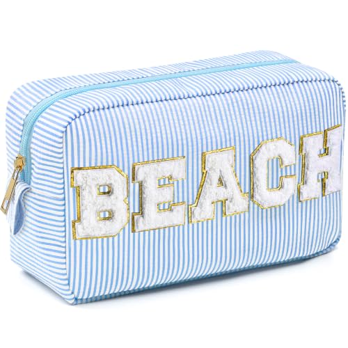 Sanwuta Seersucker Cosmetic Bag with Chenille Patches - 8.46"