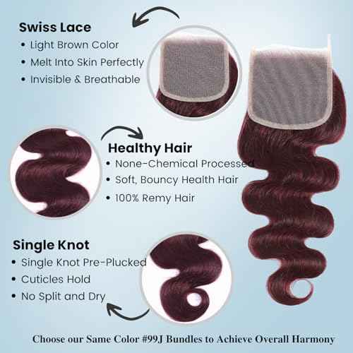 ALHER 99j Burgundy Body Wave 4x4 Lace Closure Human Hair, 12A Dark Burgundy Wine Red Color Wavy Free Part Melt Lace Closure, 100% Unprocessed Virgin Remy Hair Pre Plucked With Baby Hair Closure 12 IN