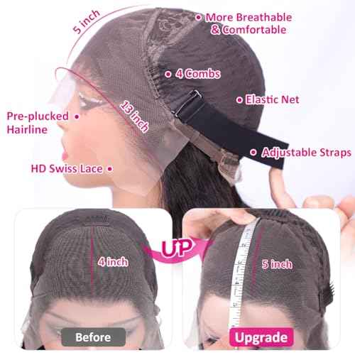 Iris Queen 12A Straight HD Transparent Lace Front Wigs Human Hair Pre Plucked 180 Density Virgin Human Hair 13x4 Full Lace Frontal Wigs for Black Women Natural Black(24 inch)