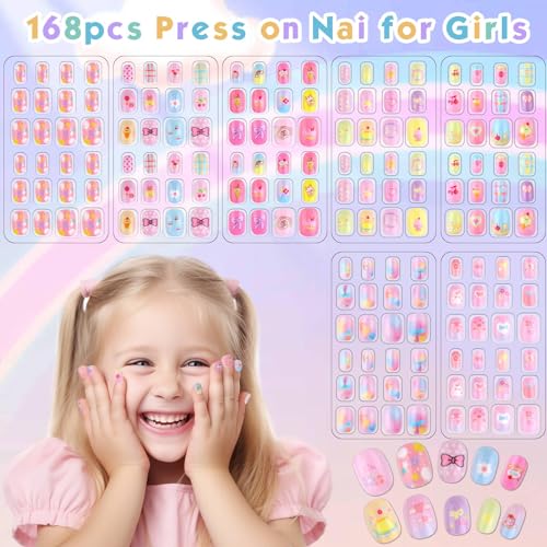Shynek Kids Press On Nails Set - 168 Pcs Assorted Colors & Designs