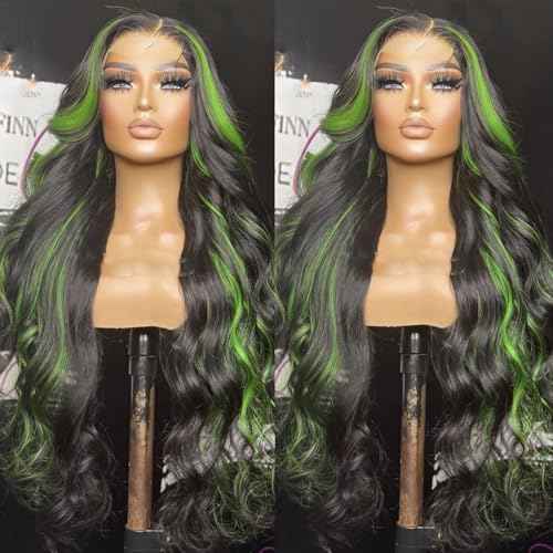 Missyvan Green Lace Front Wigs for Women Body Wave Lace Front Wigs Highlights Black with Green Streak Colorfull Long Wavy Skunk Stripe Glueless Wigs 26Inch Soft Hair Heat Resistant