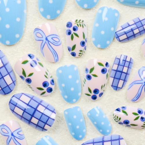 Sevgob Pattern BK10 Polka Dots Blueberry Design Short Almond Press-On Nails 24Pcs