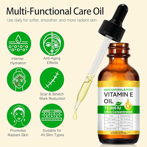 2PACK Vitamin E Oil, Pure Vitamin E Oil for Skin, Face, Hair & Scars, Vita-min e Oils 75,000 IU, Antioxidant for Dryness, Wrinkles & Stretch Marks, Moisturizing & Firming Skin, Natural Vitamin e oil