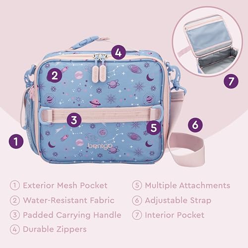 Bentgo Kids Lunch Bag - Durable, Double-Insulated Lunch Bag for Kids 3+; Holds Lunch Box, Water Bottle, & Snacks; Easy-Clean Water-Resistant Fabric & Multiple Zippered Pockets (Lavender Galaxy)