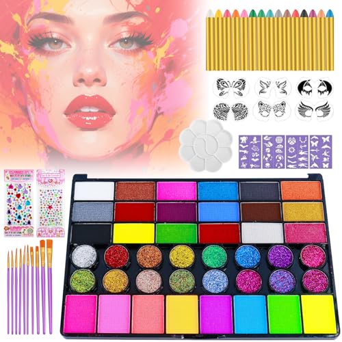 Face Painting Kit for Kids, Professional Face Paint Kit, 42 Colors Washable Facepaint Makeup Kit, Non-Toxic Face Paint with Stencils, Gems, Brushes for Halloween, Party, Birthdays, Carnival, School