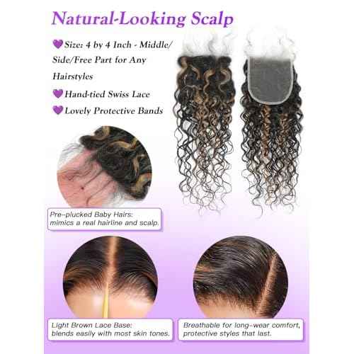 Water Wave 1b/30 Human Hair Bundles with Closure 12 14 16+10 Inch, Black & Golden Brown Balayage Highlight Wet Curly Bundles Sew In Weave, 12A Glossy 100% Unprocessed Virgin Hair Bundles +4x4 Closure