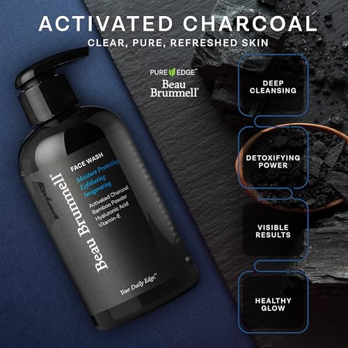 Beau Brummell for Men's Activated Charcoal Face Wash | Gentle Exfoliating Cleanser with Hyaluronic Acid, Bamboo Powder, Marine Plankton Extract, Vitamins A & E | 8 fl oz, Made in USA