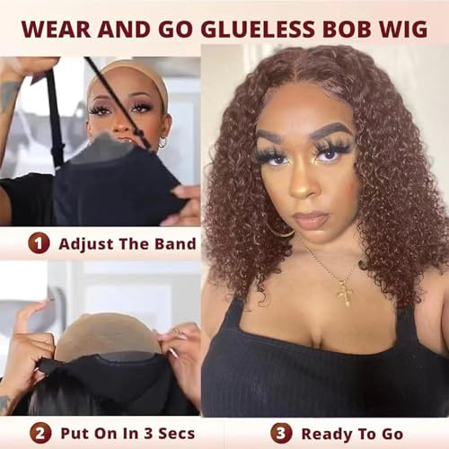 Maytune Glueless 10-Inch Deep Wave Curly Bob Wig Human Hair pre Plucked Brown