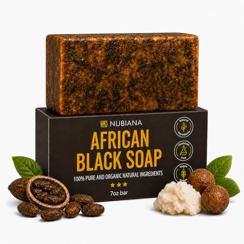 Authentic Nubiana Raw African Black Soap Bar 7oz - Handmade Cleansing