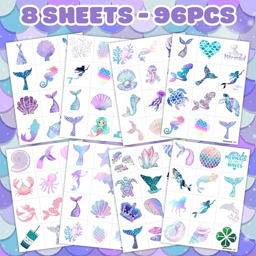 96PCS Mermaid Pre-Cut Temporary Tattoos for Kids - Cute Under the Sea Party Favors, Perfect for Ocean Mermaid-Themed Birthdays, School Rewards, and Baby Showers (Normal)