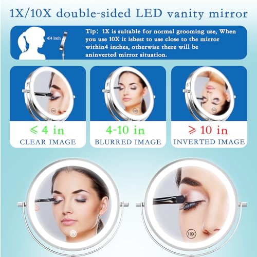 Vanity Mirror with Lights 7" Rechargeable 1x/10x Lighted Makeup Mirror Adjustable Height Double Sided Mirror with Lights 360¡ÆRotating Makeup Mirror