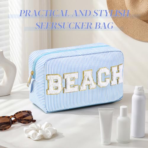 Sanwuta Seersucker Cosmetic Bag with Chenille Patches - 8.46"