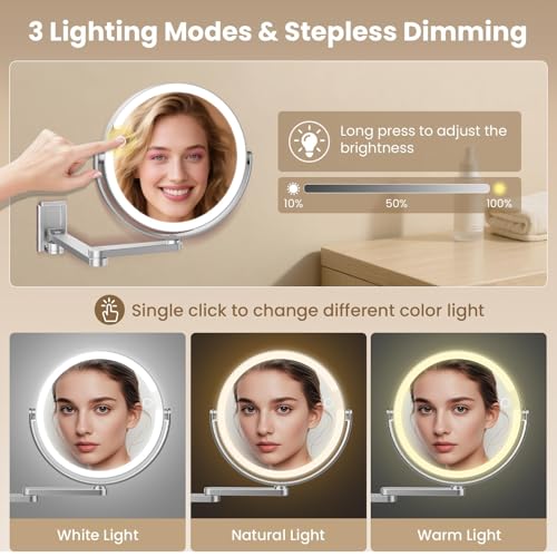 Wall Mounted Makeup Mirror with Lights, 8-inch 20X/1X Magnifying Mirror, Rechargeable LED Vanity Mirror with 3 Color Lights, 360¡Æ Swivel & Extendable Arm