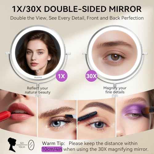Auxmir 9" Large Lighted Makeup Mirror with Magnification, 1X/30X Double Sided Magnifying Mirror with Adjustable Height, Rechargeable Vanity Mirror with 3 Color Dimmable Lights, 360¡Æ Rotation