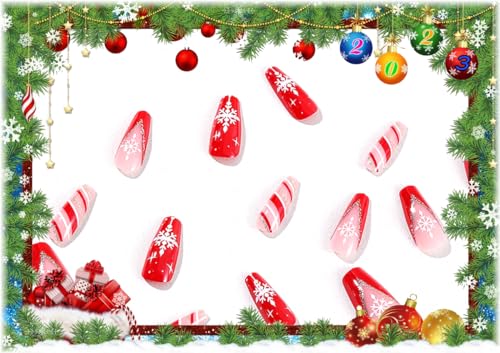 24Pcs Christmas Press on Nails Fake Nails with French Snowflake Design Red and White Coffin False Nails Xmas Snowflakes Manicure Acrylic Artificial Full Nail Tips for Women Glitter Nail Art Decoration