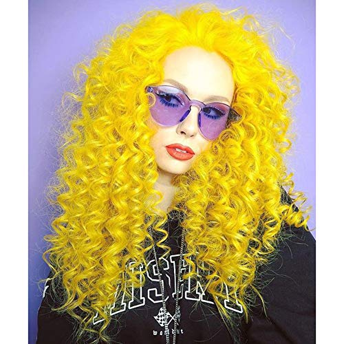 RONGDUOYI Afro Curly Synthetic Lace Front Wigs for Women Bright Yellow Long Curly Wig with Free Part 24Inch Daily Use Cosplay Party Wig